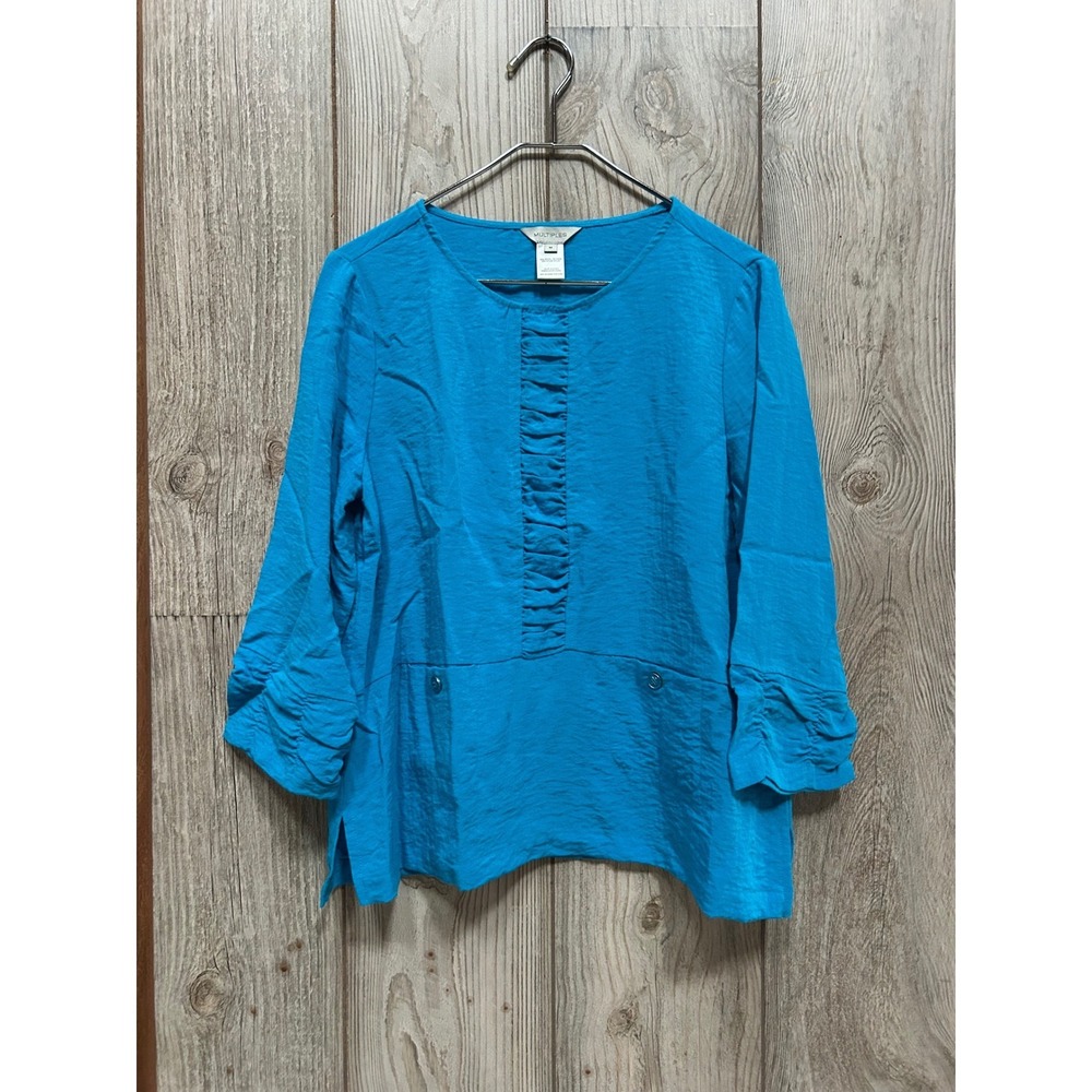 Multiples Womens Medium Turquoise Blue Ruched Front 3/4 Sleeve Blouse Top